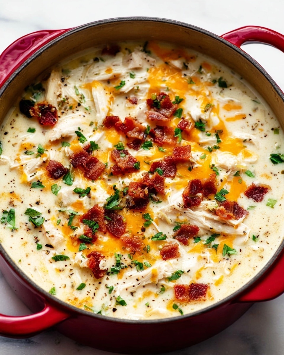 A close-up view of a creamy soup in a red pot with two handles on a white marbled surface, showing thick white broth as the base layer filled with shredded white chicken pieces scattered throughout. Bright orange melted cheese is drizzled over the top, along with crispy brown bacon bits. Small green fresh herbs are sprinkled evenly over the surface, adding contrast and color. The texture of the soup looks rich and smooth with some black pepper seasoning visible on top. photo taken with an iphone --ar 4:5 --v 7