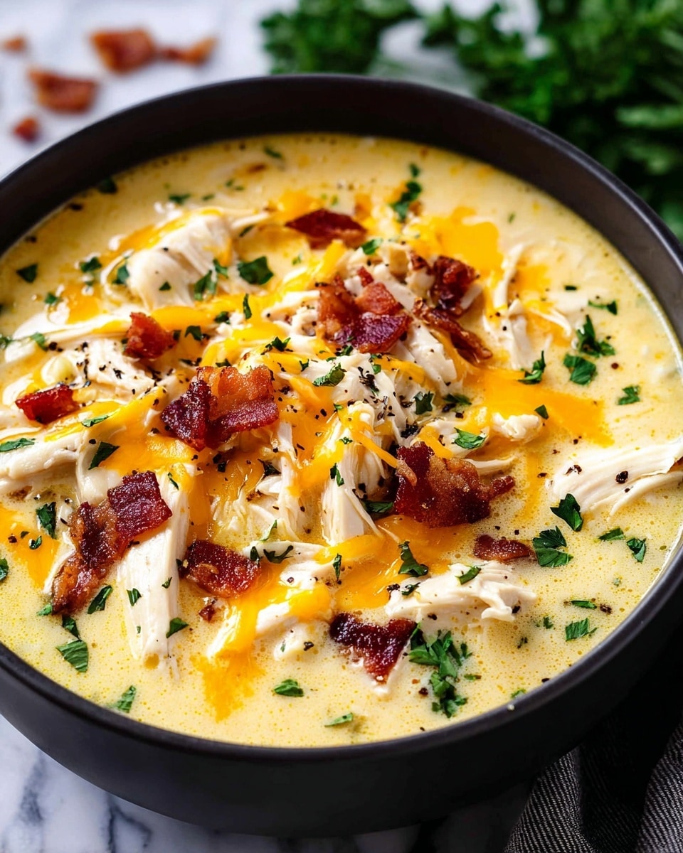 A black bowl filled with creamy yellow soup as the base layer, with visible soft shredded white chicken pieces spread throughout. On top, there are crisp dark brown bacon bits scattered unevenly, some partly submerged. Bright orange melted cheese is swirled in lines over the surface, mixed with small green parsley leaves scattered for garnish. Black pepper specks lightly dust the top, adding texture contrast. The bowl sits on a white marbled surface with some blurred green herbs visible in the background. Photo taken with an iphone --ar 4:5 --v 7