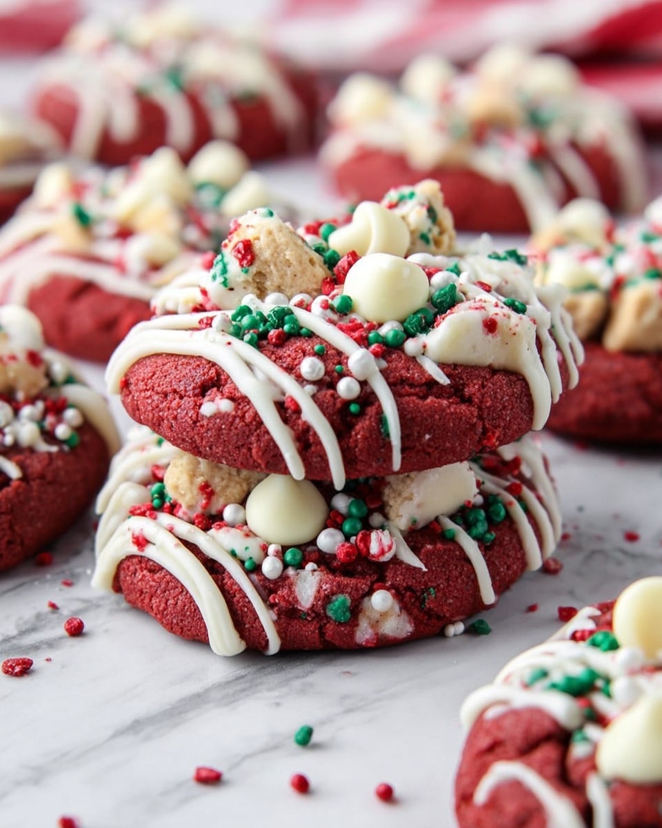 The image shows thick, round red cookies stacked in pairs on a white marbled surface. Each cookie has a deep red base with white drizzled icing on top and around the edges. The top layer of each cookie is decorated with white chocolate chips, small pieces of chocolate chip cookie dough, and festive round green, red, and white sprinkles. The texture looks soft and chewy, and there are more cookies in the blurry background with similar decoration. photo taken with an iphone --ar 4:5 --v 7