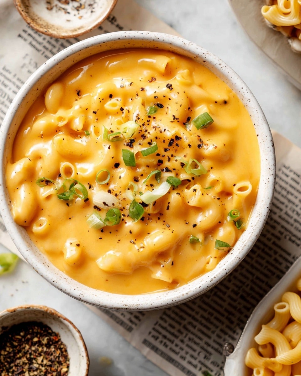 A close-up of a bowl of creamy macaroni and cheese with small elbow pasta pieces visible swimming in a thick, smooth, bright orange cheese sauce. The dish is topped with chopped green onions and a sprinkle of black pepper, adding a pop of green and dark specks on the surface. The white bowl sits on a sheet of newspaper on top of a white marbled textured surface, with parts of a bowl of dry elbow pasta and small bowls of seasoning visible around the edges. photo taken with an iphone --ar 4:5 --v 7