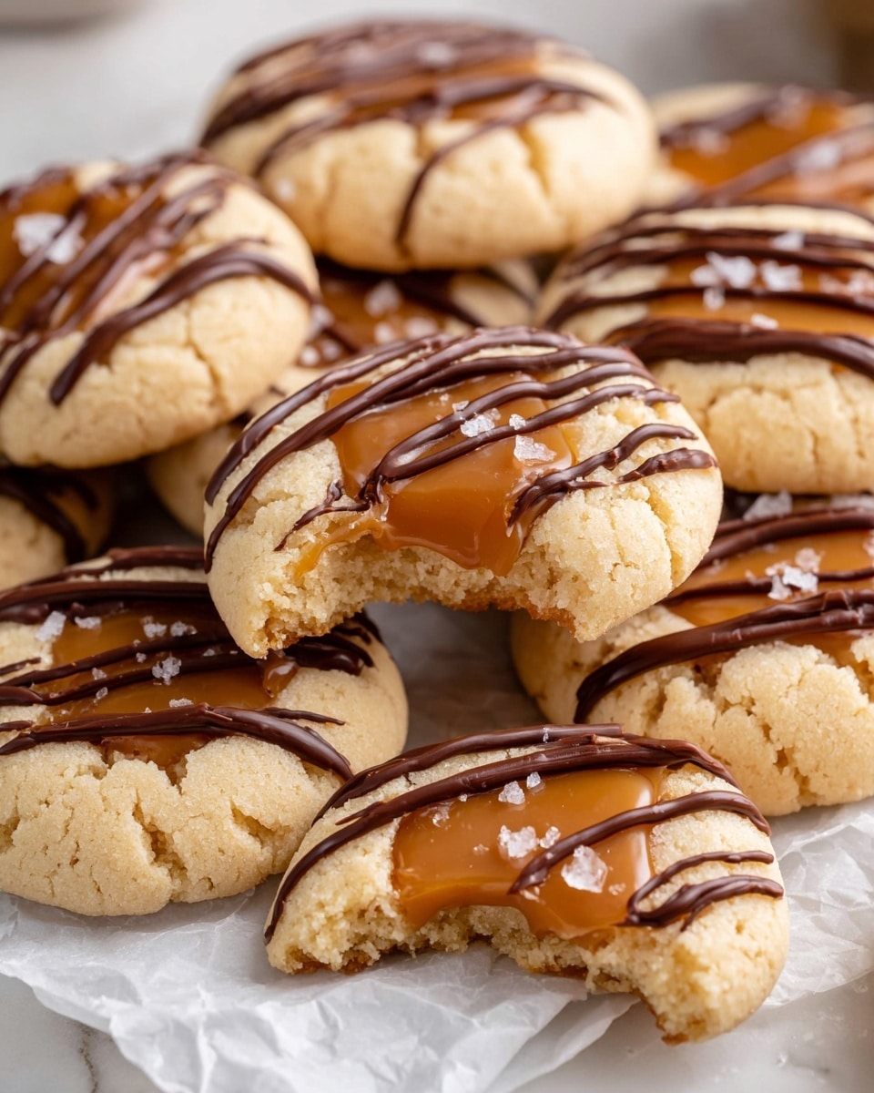 A pile of round light golden cookies is shown on crinkled white paper over a white marbled surface; each cookie has a glossy, smooth caramel square placed in the center, covered by thin dark brown chocolate drizzles creating diagonal lines across the caramel and cookie. One cookie near the front is slightly bitten, revealing a soft, crumbly texture inside. Small grains of sea salt are scattered on top of the caramel, adding texture and contrast. The cookies have a soft, slightly puffy appearance, and they are stacked naturally with some overlapping. Photo taken with an iphone --ar 4:5 --v 7
