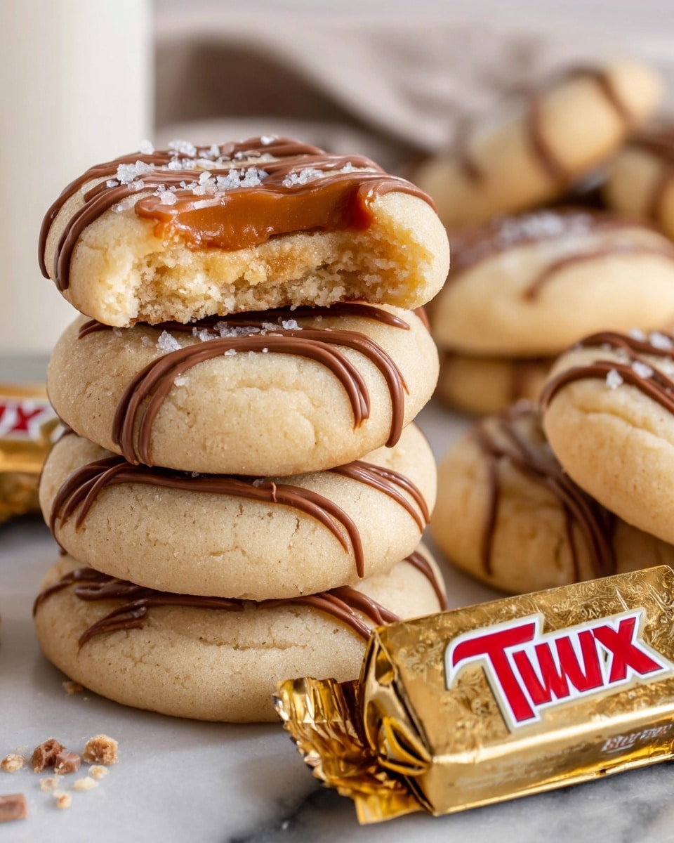 The image shows a close-up of soft, round cookies stacked in a tower of five on the left, with the top cookie partially bitten to reveal a soft, crumbly inside. Each cookie is pale golden with smooth surfaces and has a shiny caramel layer in the center, topped with small flakes of sea salt. Drizzled over the cookies are thin streams of milk chocolate, adding contrast and texture. To the right, a white marbled surface holds more cookies, some stacked and others flat, along with a gold wrapper of Twix candy bars partially open and resting on the cookies. In the background, there is a blurred glass of milk. Photo taken with an iphone --ar 4:5 --v 7