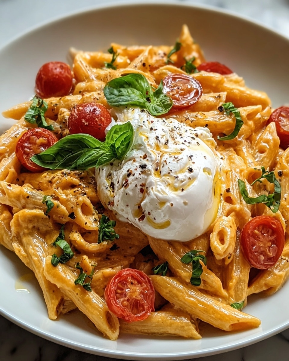 A white round plate holds a creamy orange pasta made of penne noodles, topped with bright red halved cherry tomatoes scattered throughout. On top, a large dollop of white soft cheese sits in the center, sprinkled with cracked black pepper and small green basil leaves. Fresh whole and chopped basil leaves add pops of green across the noodles. The entire dish glistens with a light drizzle of olive oil, and it rests on a white marbled surface. photo taken with an iphone --ar 4:5 --v 7