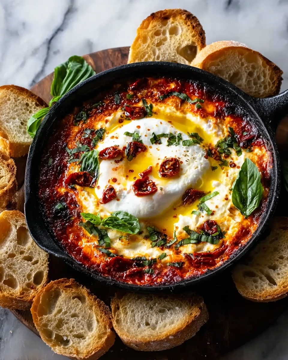 A black cast iron skillet holds a layered dish starting with a rich, thick red tomato sauce covering the base, topped by a creamy white cheese layer that is slightly browned and melted unevenly. In the center, there is a dollop of soft white cheese or cream with a glossy texture, drizzled with golden yellow olive oil and sprinkled with small red roasted pieces, possibly sun-dried tomatoes. Fresh green basil leaves are scattered on top for contrast. Around the skillet, there are several slices of crusty bread with a golden brown crust and a soft inside, all sitting on a white marbled surface. photo taken with an iphone --ar 4:5 --v 7