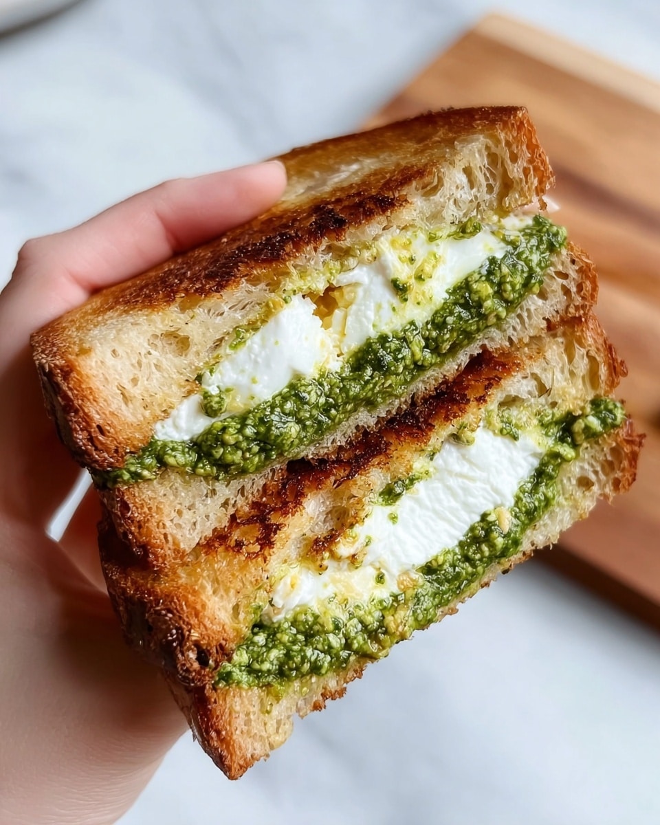 A close-up image of a sandwich held by a woman's hand, showing two thick slices of toasted bread with a golden-brown crust and rough texture. Inside, there are two layers: the bottom layer is bright green pesto sauce with a coarse, oily texture, and the top layer is a smooth, white creamy cheese, spread thickly and unevenly. The sandwich is set against a white marbled surface and a cutting board is visible in the background. Photo taken with an iphone --ar 4:5 --v 7