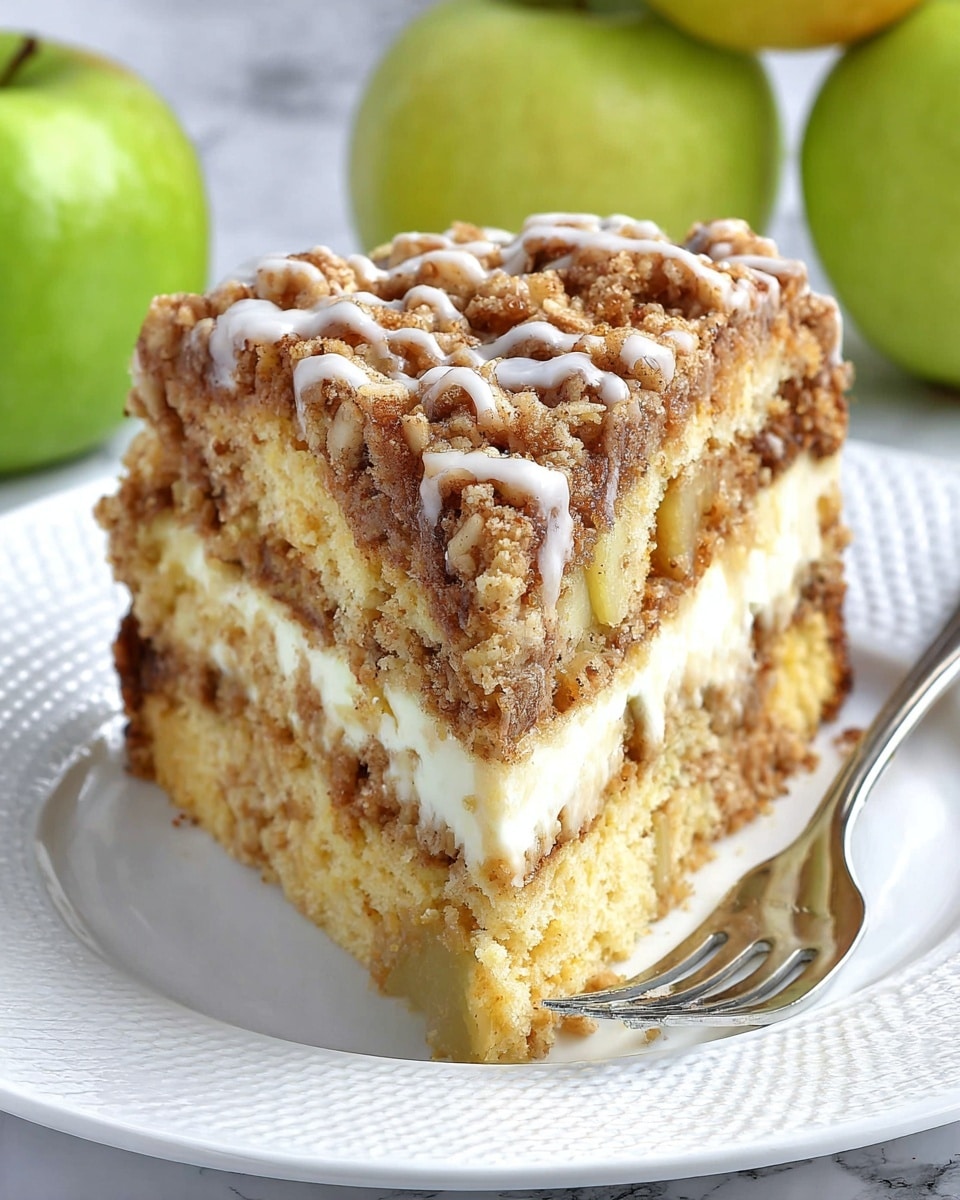 A round crumb cake with two visible layers, the bottom layer is a light golden brown cake, while the top layer is a thick, rough-textured crumb topping with mixed shades of brown and oats. White icing glaze is drizzled unevenly over the crumb layer, some dripping down the sides. The cake is on a white plate, placed on a white marbled surface with green apples blurred in the background. photo taken with an iphone --ar 4:5 --v 7