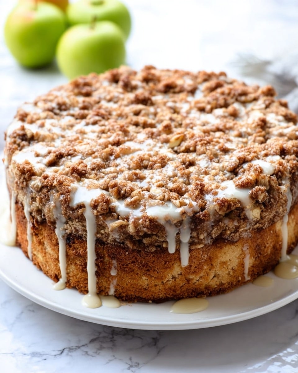 A thick slice of crumb cake with four visible layers is placed on a white plate with a textured pattern. The bottom layer is a dense, light golden cake with small chunks visible inside. Above that is a creamy white layer, smooth in texture. The third layer is another thick portion of the same golden cake. The top layer is a generous crumb topping made of oats and brown sugar, crunchy and uneven, drizzled with a thin white glaze. A silver fork sits on the right edge of the plate, with the tines pointing inward. The background is a white marbled texture, with three green apples softly blurred behind the cake. Photo taken with an iphone --ar 4:5 --v 7
