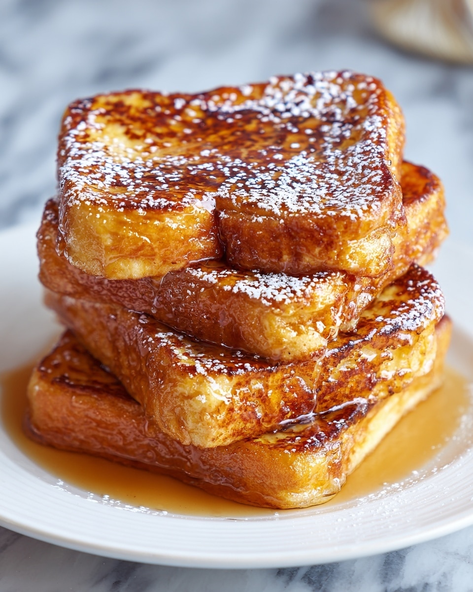 A stack of four thick, golden-brown French toast slices sits centered on a white plate, each slice showing a crispy texture with browned, caramelized edges and a soft, slightly fluffy inside. The top slice is dusted with light white powdered sugar and a sticky layer of shiny syrup glistens down the sides, pooling slightly at the base. The plate rests on a white marbled textured surface with a soft, blurred background. photo taken with an iphone --ar 4:5 --v 7