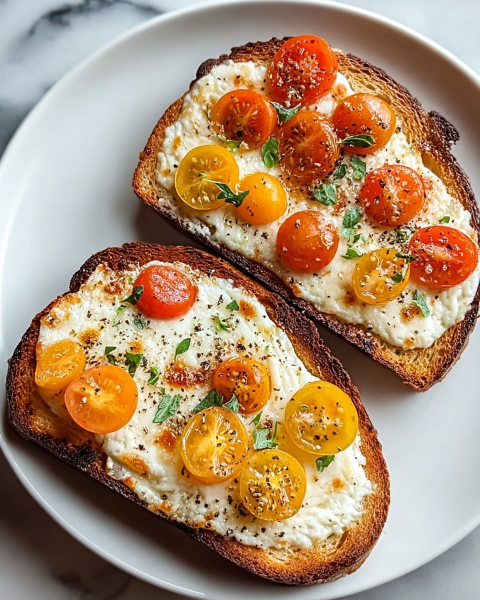 Two slices of toasted bread with golden-brown edges sit on a white plate placed on a white marbled surface. Each slice is topped with a layer of melted white cheese that has small browned spots from baking. On top, there are pieces of red and yellow cherry tomatoes cut in halves, scattered evenly. Small green herb leaves and crushed black pepper are sprinkled over the cheese and tomatoes, adding texture and color. photo taken with an iphone --ar 4:5 --v 7