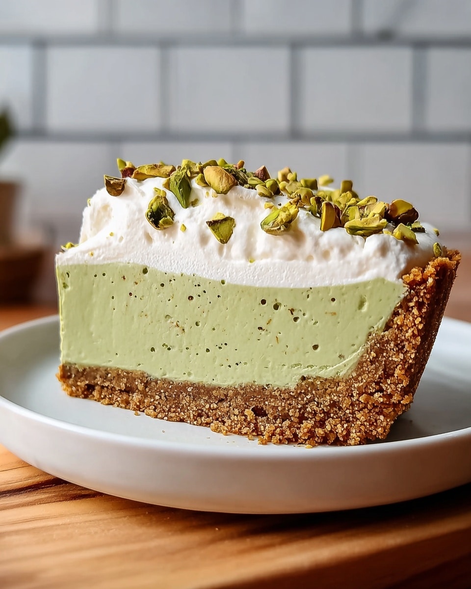 A slice of pie with three layers sits on a white plate on a wooden board. The bottom layer is a thick, crumbly brown crust that rises up the sides. Above it is a thick, smooth, light green filling with tiny dark specks inside. The top layer is fluffy white cream spread evenly and decorated with chopped light green pistachios. The background has a white marbled texture with faint tiles in soft focus. Photo taken with an iphone --ar 4:5 --v 7