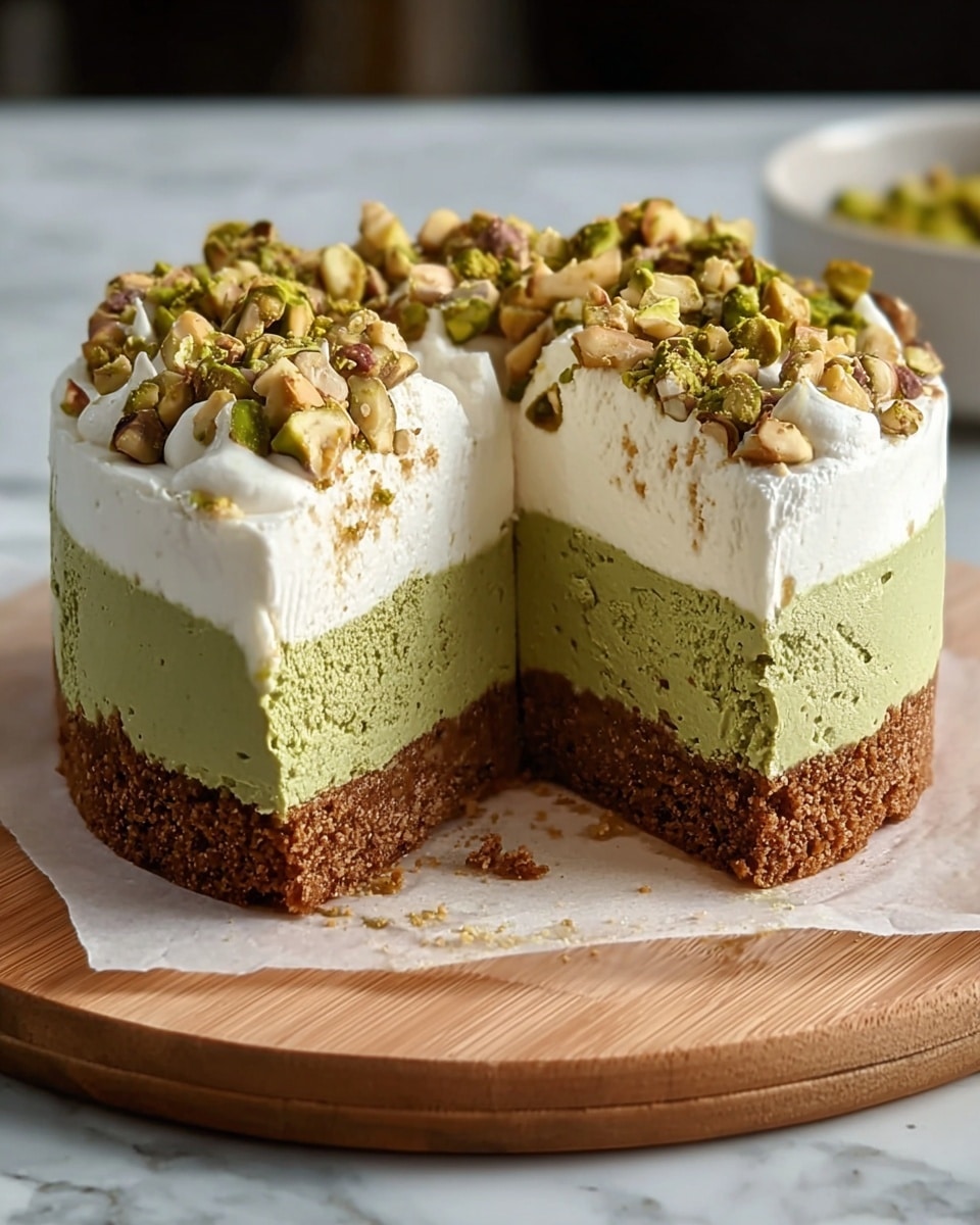 A round cake with three clear layers sits on a white marbled surface, placed on a wooden board covered with white parchment paper. The bottom layer is a dense, crumbly brown crust forming a thick base and sides, enclosing a smooth middle layer of green mousse with a slightly rough texture. The top layer consists of a fluffy, white cream topped with chunky, light green chopped nuts scattered generously. A wedge is cut out, revealing the distinctive layers and textures inside the cake. Photo taken with an iphone --ar 4:5 --v 7