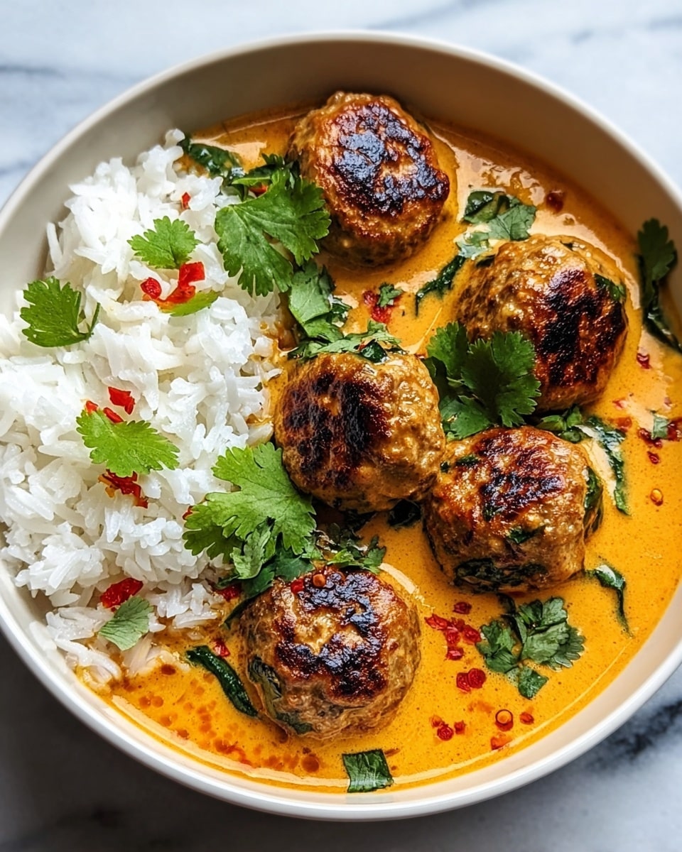 The image shows a white bowl filled with white fluffy rice on one side, and six browned meatballs in a thick orange curry sauce on the other side. The meatballs have a lightly charred texture, topped with scattered fresh green cilantro leaves. The curry sauce looks creamy and rich, dotted with more cilantro and small splashes of red chili oil. The bowl is placed on a white marbled surface, creating a clean and fresh look. photo taken with an iphone --ar 4:5 --v 7