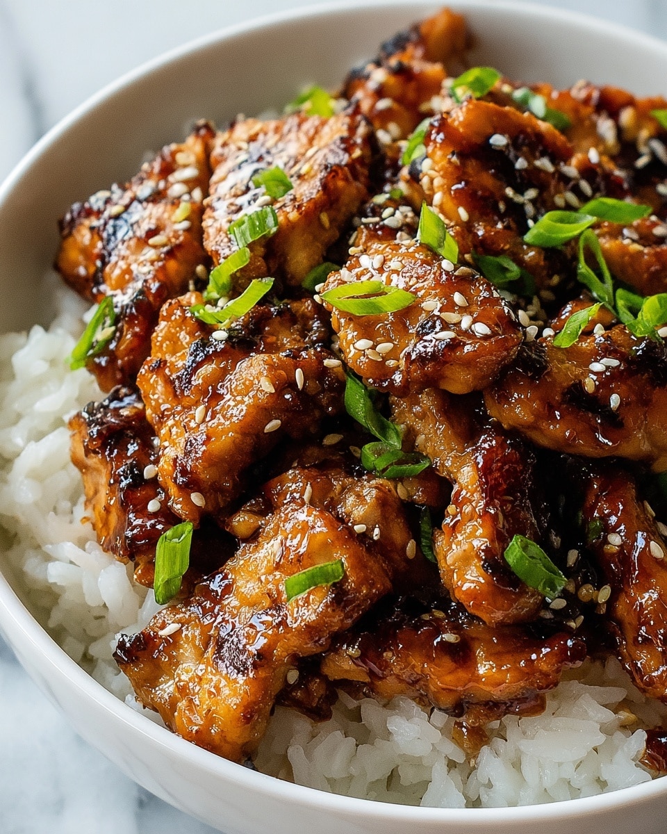 A close-up view of a white bowl filled with two main layers: a bottom layer of fluffy white rice and a top layer of glossy, grilled chicken pieces coated in a shiny brown sauce with char marks. The chicken is garnished with small green onion pieces and sprinkled with sesame seeds, creating a fresh and textured look. The bowl is placed on a white marbled surface. photo taken with an iphone --ar 4:5 --v 7