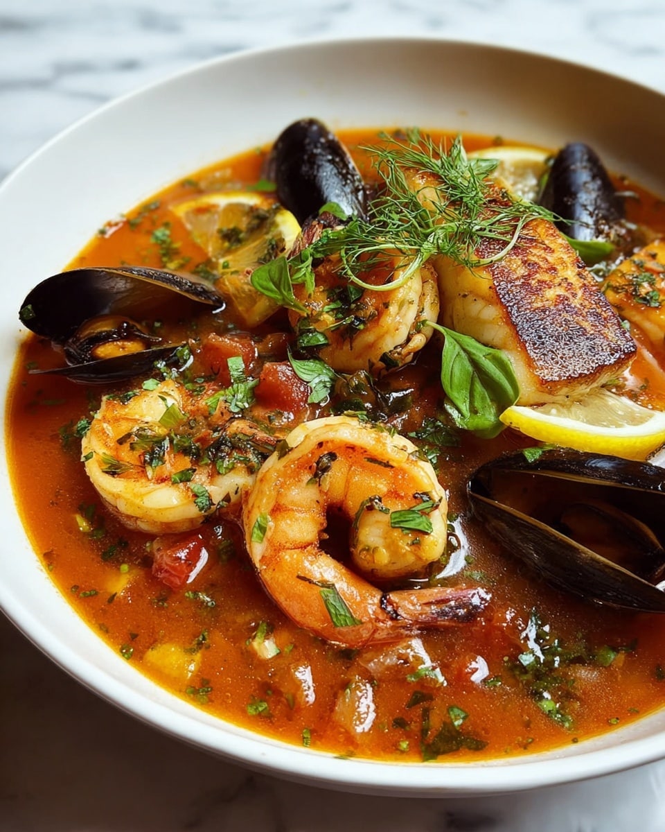 A bowl filled with a rich orange-red seafood stew, showing a clear broth with small pieces of diced tomatoes and herbs floating throughout. On top, there are grilled shrimp with a pinkish-orange color, black mussel shells opened to show the meat inside, and a thick, golden-brown grilled fish fillet placed slightly off-center. Thin lemon slices rest on the side of the bowl under some broth. Fresh green herbs are sprinkled on top, adding bright green color and texture. The white bowl sits on a white marbled surface. photo taken with an iphone --ar 4:5 --v 7