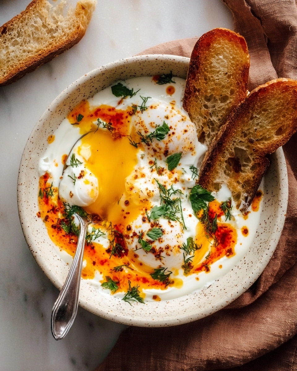 A white speckled bowl sits on a white marbled surface, filled with a creamy white yogurt base. On top, two smooth poached eggs rest, one broken with bright yellow yolk spilling out on the left side. The eggs are drizzled with bright red-orange chili oil and sprinkled with fresh green herbs. On the right side, two toasted slices of brown bread lean against the edge of the bowl. A silver spoon is placed on the left side, partially submerged in the yogurt and yolk. A piece of bread is visible in the top left corner, and a soft brown cloth lies underneath the bowl. Photo taken with an iphone --ar 4:5 --v 7