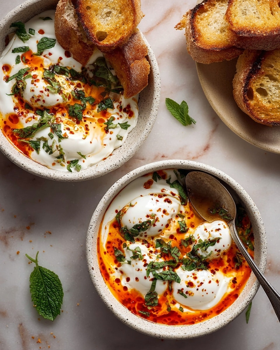 Two white speckled bowls sit on a white marbled surface, each filled with three smooth white poached eggs layered on a thick white yogurt sauce base. Bright orange-red oily chili sauce is drizzled over the eggs, creating streaks of fiery color. Fresh green herbs are sprinkled on top, adding small flecks of green. Each bowl is accompanied by three to four toasted bread slices, golden brown with crispy texture, leaning on the side of the bowls. A silver spoon rests inside the top bowl, and a few loose green herb leaves are scattered around on the surface. photo taken with an iphone --ar 4:5 --v 7
