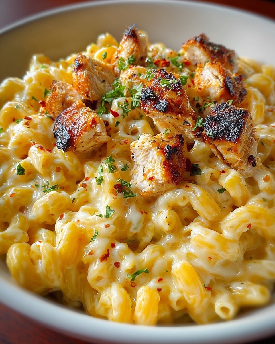 The dish shows a close-up of creamy macaroni and cheese with spiral-shaped pasta coated in thick golden cheese sauce, layered with chunks of golden-brown grilled chicken scattered across the top. The chicken pieces have a slight char and grill marks, adding texture. Garnishing the dish are small green parsley leaves sprinkled evenly, along with red chili flakes giving a splash of red over the surface. The food sits in a simple white bowl, with a smooth, creamy texture and a slight shine on the cheese, giving it a rich and hearty look. The photo taken with an iphone --ar 4:5 --v 7