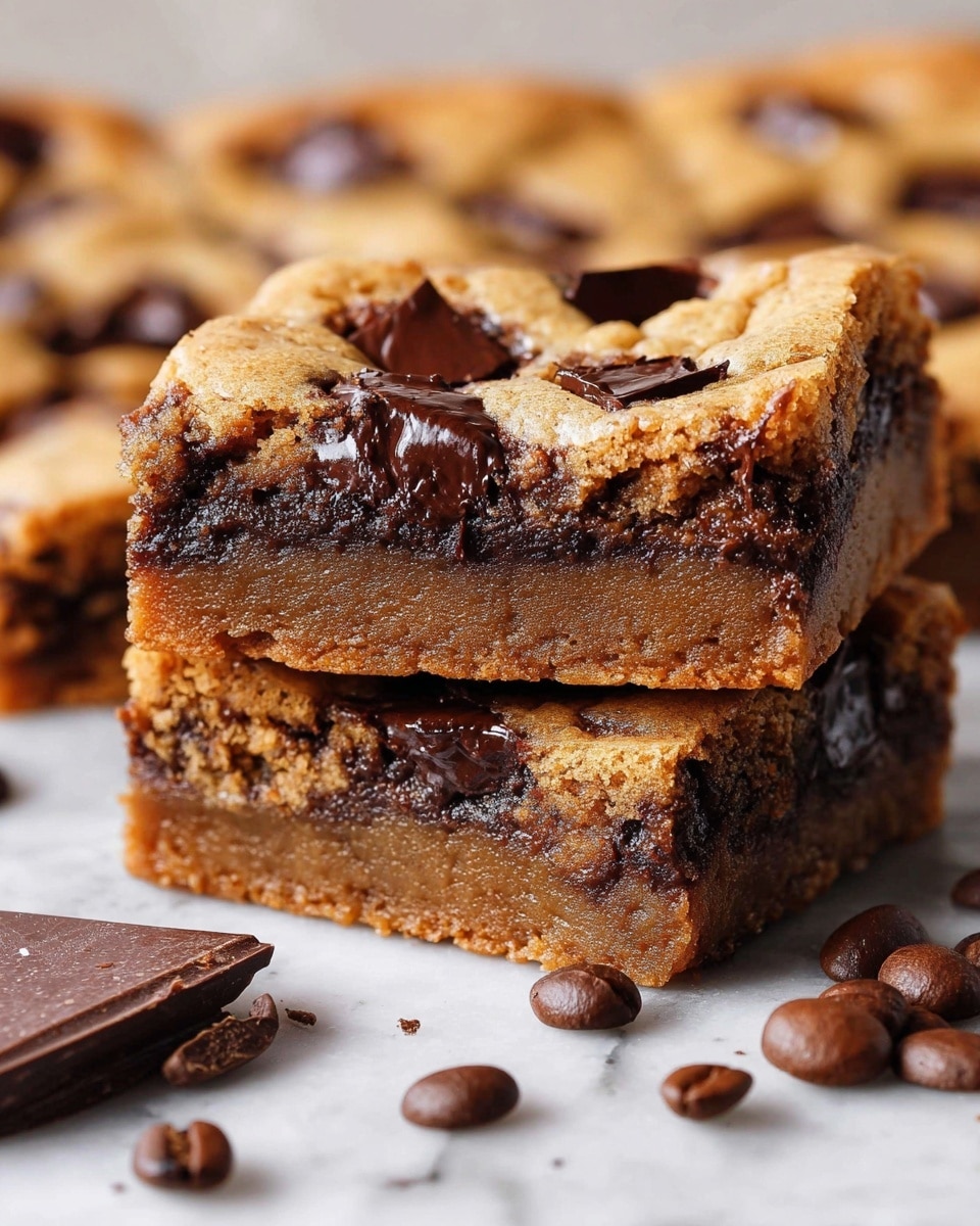 The image shows a close-up of thick, square cookie bars with two visible layers. The bottom layer is a smooth, dense brown cookie dough with a slightly chewy texture. The top layer is golden brown and crackled with large, melted dark chocolate chunks embedded throughout. The edges are slightly crispy while the inside looks soft and gooey. The cookie bars are stacked, with one piece resting on top of another. Dark roasted coffee beans and broken chocolate pieces are scattered around on a white marbled surface. photo taken with an iphone --ar 4:5 --v 7