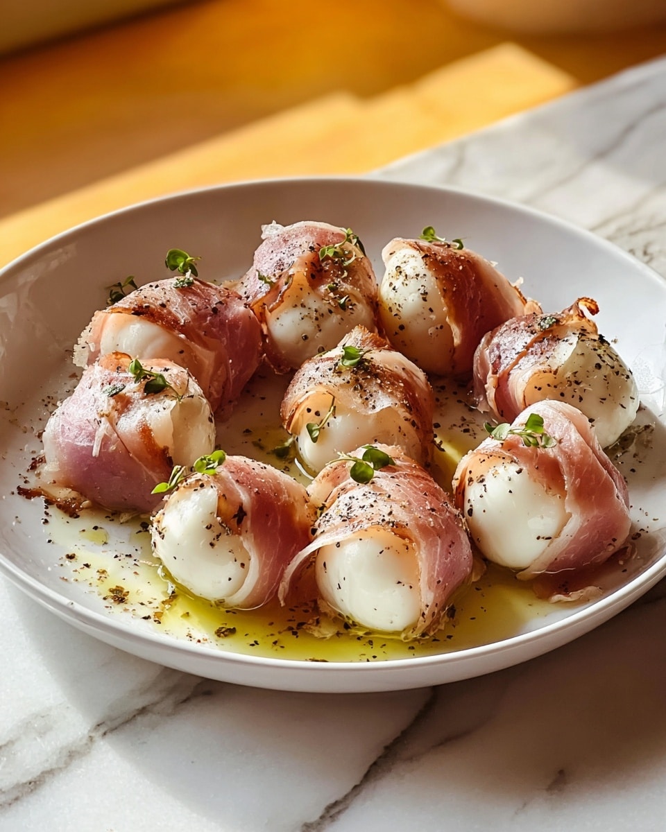 A white plate holds ten bite-sized pieces of food, each made of a smooth, white ball wrapped in thin slices of cured pink meat with some fat veins. The white balls are shiny and soft, while the meat is slightly wrinkled and looks tender. Each piece is sprinkled with coarse black pepper and small green herb leaves. A light golden oil pools on the plate beneath the food, adding shine and moisture. The background is a white marbled texture with soft warm light coming from the top right, creating a cozy look. Photo taken with an iphone --ar 4:5 --v 7