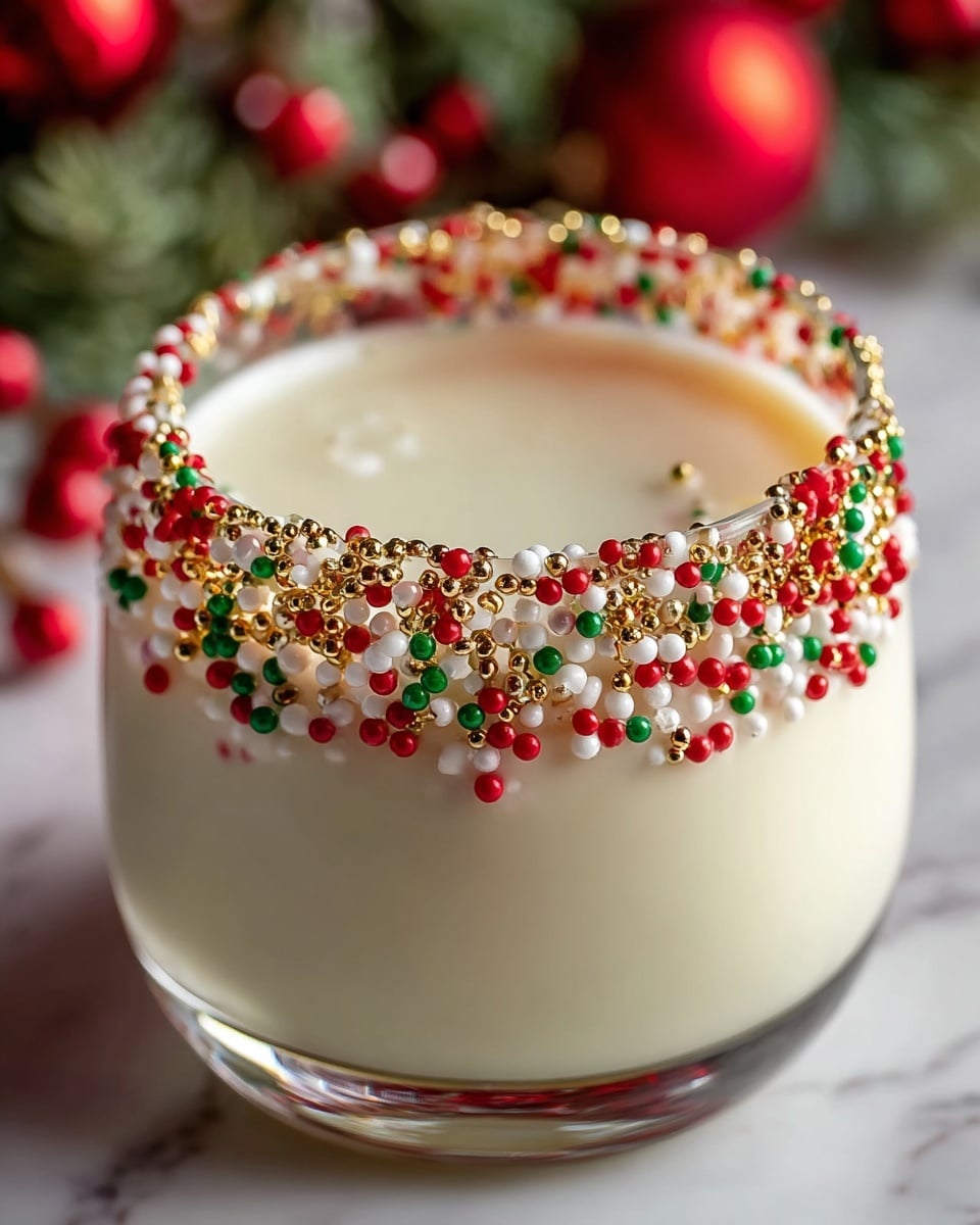 A close-up of a white creamy drink in a clear glass with a thick rim covered in small round sprinkles in red, green, white, and a little gold. The drink fills most of the glass, showing its smooth texture and light ivory color. The glass sits on a white marbled surface with blurred red and green holiday decorations in the soft background, creating a festive look. photo taken with an iphone --ar 4:5 --v 7