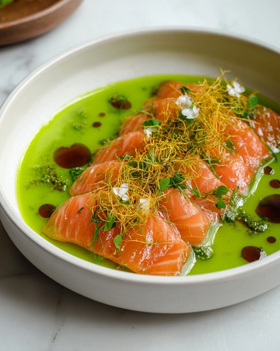 In a wide white bowl, a layer of bright green sauce forms the base, smooth and creamy in texture. On top, a neatly arranged row of thin, translucent orange salmon slices lies in the middle, each piece showing delicate lines and a glossy finish. Over the salmon, there is a small pile of crispy golden brown thin strips, adding texture and height. Small sprigs of fresh green herbs and tiny white edible flowers are scattered on and around the pile, giving a touch of freshness and elegance. The bowl sits on a white marbled surface. photo taken with an iphone --ar 4:5 --v 7