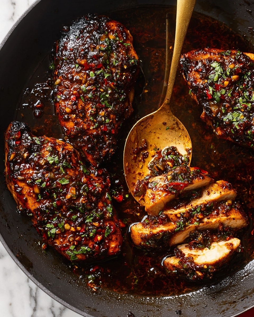 The image shows a black pan filled with four pieces of grilled chicken breast coated in a thick, dark glaze with visible herbs, garlic bits, and red pepper flakes. Three pieces remain whole with a glossy surface and charred edges, while the fourth piece is sliced into three sections, revealing a tender, juicy, light brown inside with a slightly crispy exterior. A golden spoon rests in the pan, partially submerged in the dark sauce that glistens with oil and herbs. The pan sits on a white marbled surface. photo taken with an iphone --ar 4:5 --v 7