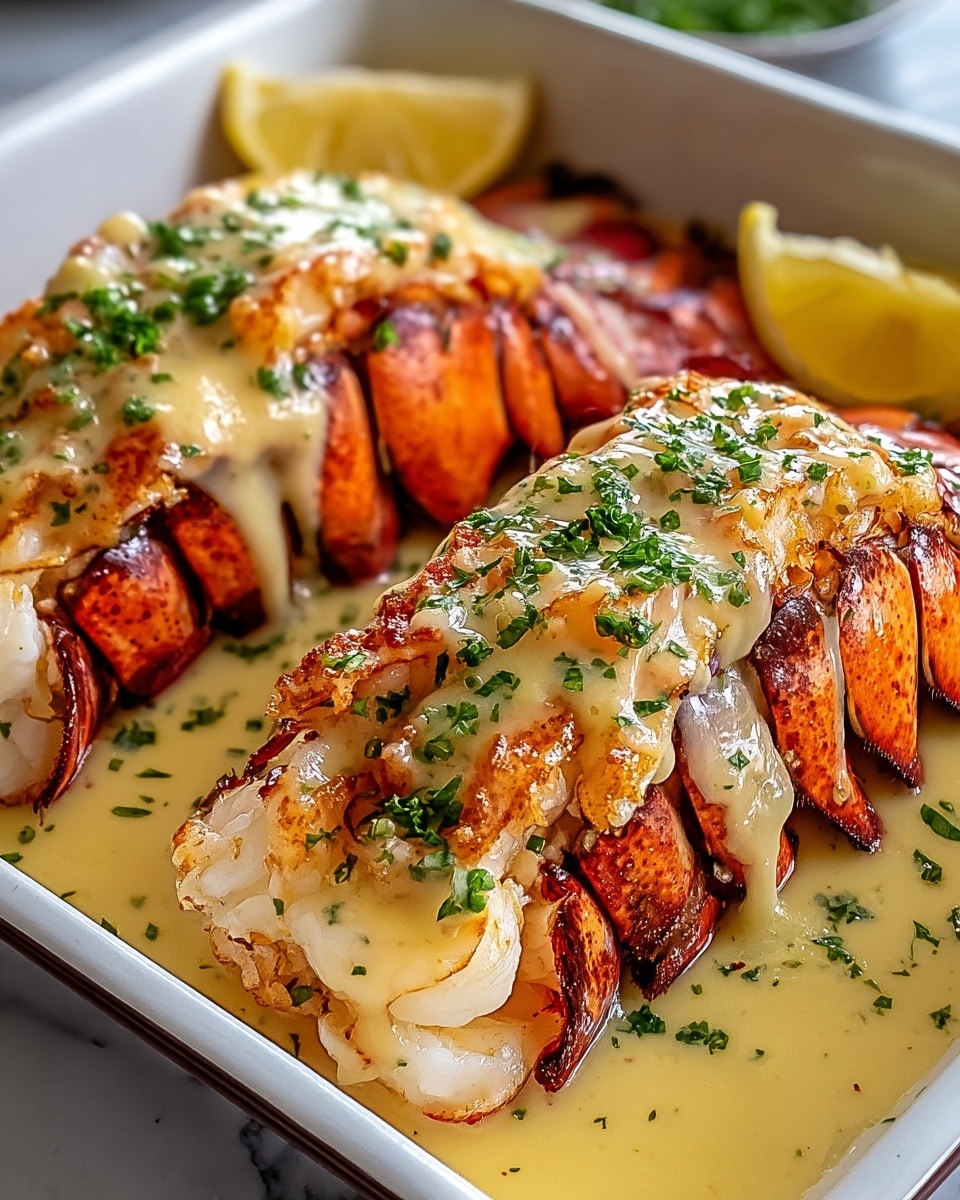 This image shows lobster tails cooked in a creamy sauce in a dark baking dish. Each lobster tail is cut into thick slices, with the red shell visible at the edges and white meat layered inside. On top of the lobster meat is a layer of golden-brown melted cheese, slightly crisped with small dark spots and sprinkled with green herbs. The creamy sauce pools around the lobster tails at the bottom of the dish, with a smooth, shiny texture. The baking dish sits on a white marbled surface. photo taken with an iphone --ar 4:5 --v 7