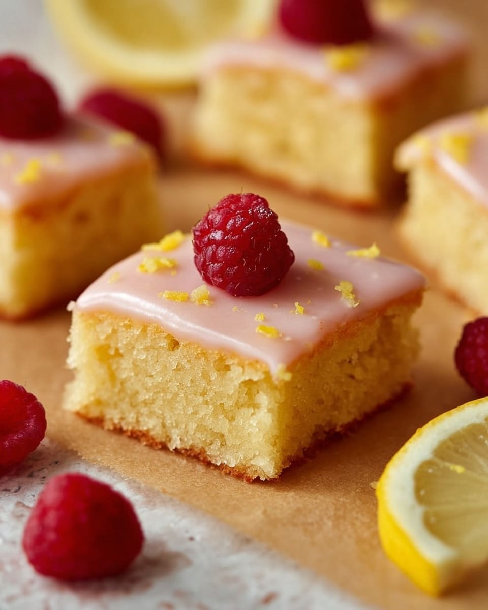 A close-up view of three stacked lemon cake squares on a piece of brown parchment paper, each square showing two layers: a thick, soft and yellow cake layer and a thin, smooth, light orange glaze on top. The cake has a moist texture with small air holes, while the glaze is slightly shiny with small bits of zest blended in. The plain layers highlight the contrast between the spongy yellow cake and the glossy, translucent glaze. The background is a white marbled texture with a sliced lemon partially visible. photo taken with an iphone --ar 4:5 --v 7