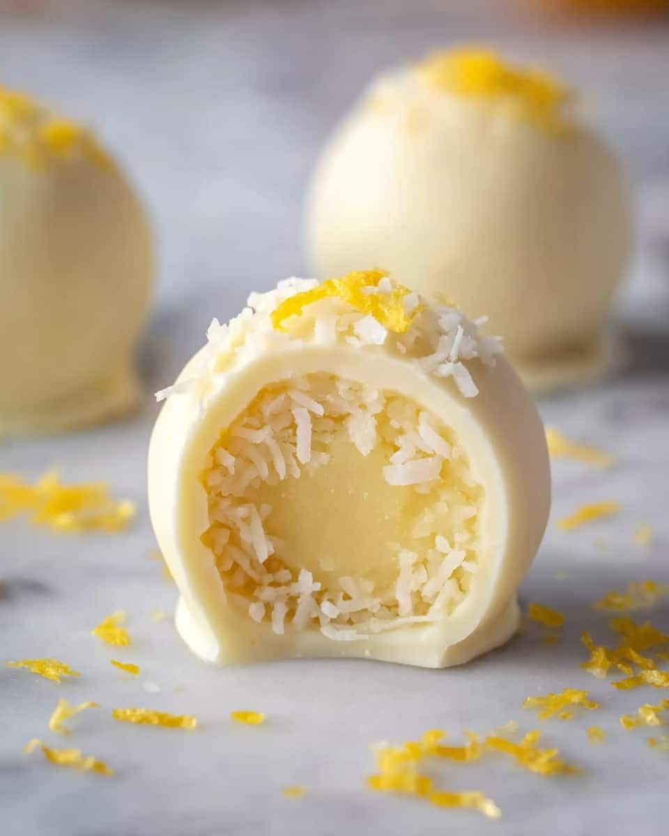 A close-up of a round white chocolate ball cut in half, showing a smooth pale yellow creamy center filling and a middle layer of shredded white coconut. The ball sits on a white marbled surface, with fine yellow zest pieces scattered around it and on top. In the background, another whole white chocolate ball is slightly out of focus. Photo taken with an iphone --ar 4:5 --v 7