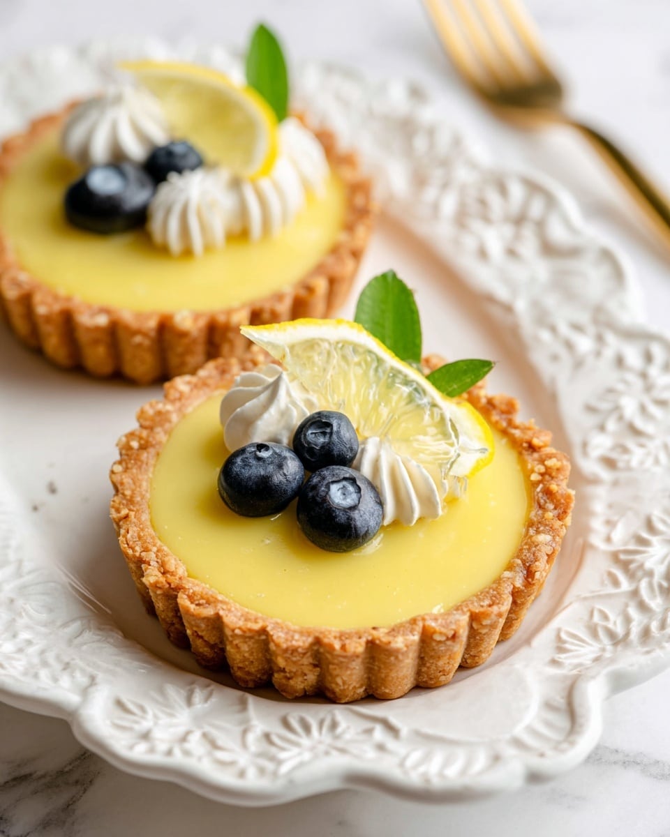 Two small lemon tarts sit on an ornate white plate with a raised floral pattern, placed on a white marbled surface. Each tart has a golden brown, textured crust with slightly raised edges, holding a smooth, glossy yellow lemon filling. The top of each tart is decorated with small white swirls of cream, fresh blueberries, a thin slice of lemon, and a few green leaves arranged neatly near the edge. A blurred gold fork is visible in the background. photo taken with an iphone --ar 4:5 --v 7