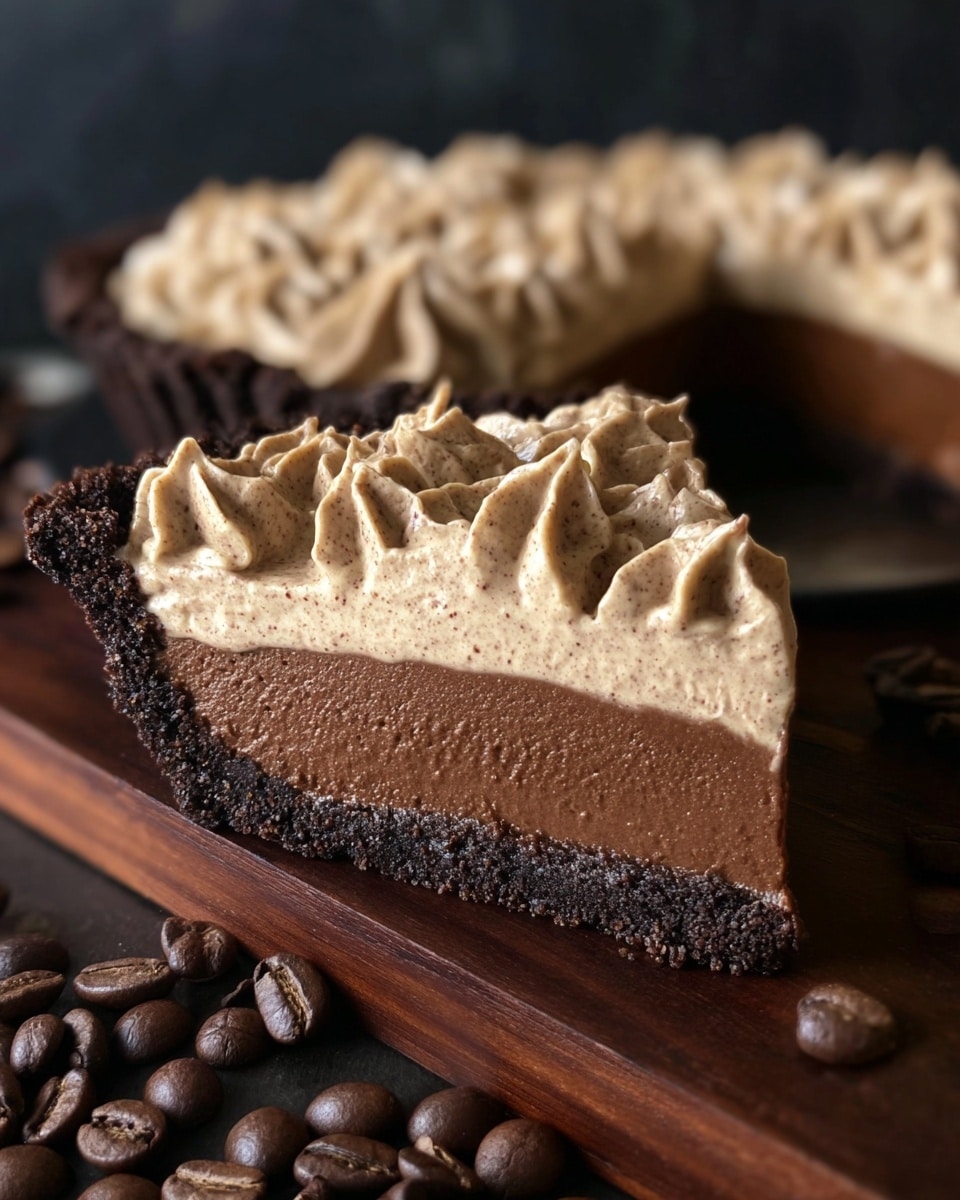 The image shows a slice and the remaining part of a chocolate pie placed on a dark wooden board with scattered shiny coffee beans around. The pie has three layers: the bottom and sides are a dark chocolate crumb crust with a rough texture; the middle layer is a smooth, dense chocolate filling in a deep brown color; the top layer is light brown creamy whipped topping with swirled, soft peaks and a speckled texture. The pie slice is in the foreground, with the rest of the pie slightly blurred in the background. Photo taken with an iphone --ar 4:5 --v 7