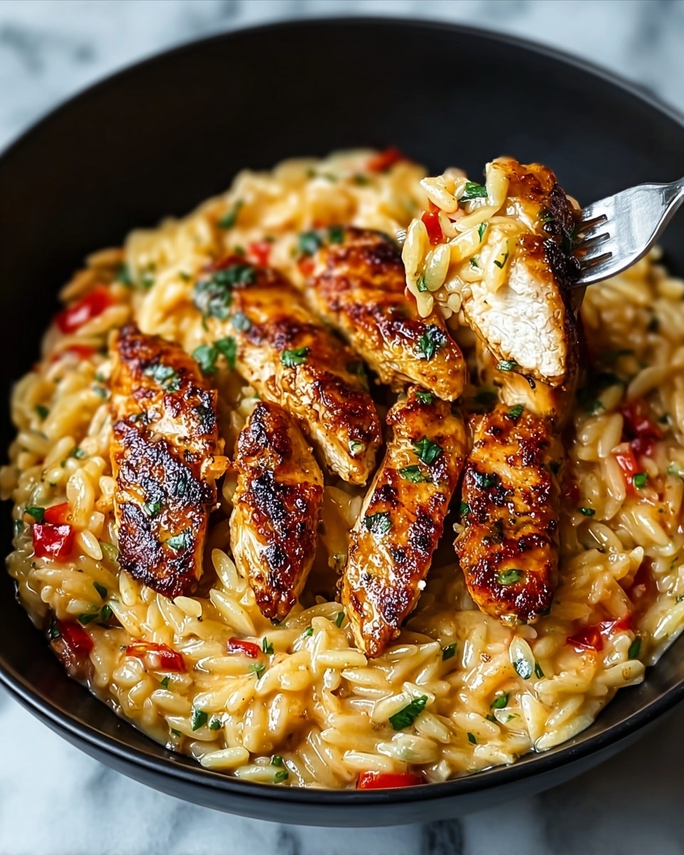 A black bowl holds creamy orzo pasta cooked in a light golden sauce mixed with small bright red pepper pieces and sprinkled green herbs. On top, there are several browned, grilled chicken bites with a slightly charred look and seasonings, arranged in the center, some being lifted by a shiny silver fork from the right side. The orzo looks soft and glossy, mixed with black pepper dots throughout. The photo is taken on a white marbled surface. photo taken with an iphone --ar 4:5 --v 7