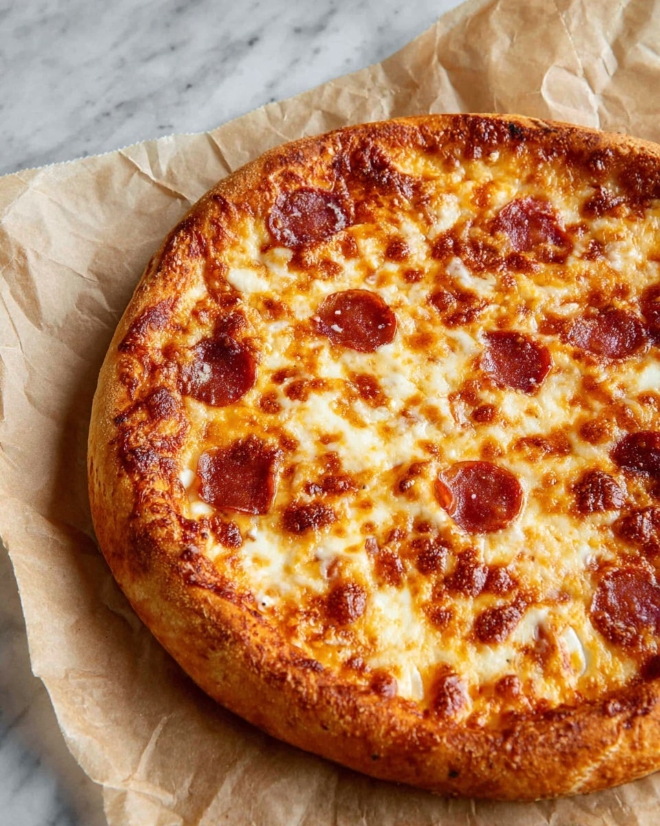 A round pepperoni pizza with a thick golden-brown crust sits on crumpled brown paper over a white marbled surface. The pizza has one main layer of melted cheese with a bubbly texture, dotted with browned spots, and scattered slices of reddish-brown pepperoni covering evenly across the top. The cheese layer is smooth and shiny in places from melted oil. photo taken with an iphone --ar 4:5 --v 7