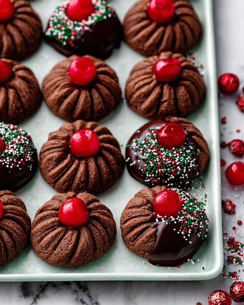 Twelve chocolate swirl cookies are arranged on a white tray with a white marbled texture in the background. Each cookie has a deep brown, ridged swirl shape with either a glossy, red cherry placed in the center or half-dipped in dark chocolate on one side, decorated with tiny red, green, and white sprinkles. The cookies alternate in pattern, some topped with the cherry and some half-coated in chocolate with festive sprinkles scattered around them on the tray. Photo taken with an iphone --ar 4:5 --v 7