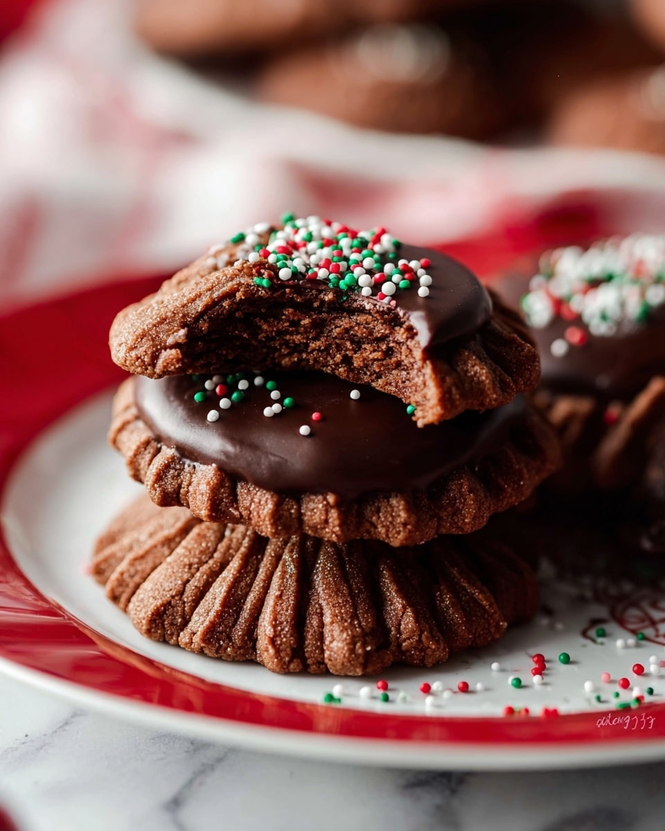 A close-up of a stack of three chocolate cookies on a white plate with red edges, placed on a white marbled surface. The cookies have a ridged, wavy texture and two of them are half-covered with smooth, dark chocolate on one side, decorated with small round sprinkles in red, green, and white. The top cookie has a bite taken out, showing a moist and crumbly inside. Some scattered sprinkles and blurred cookies are visible in the background, adding festive detail. photo taken with an iphone --ar 4:5 --v 7