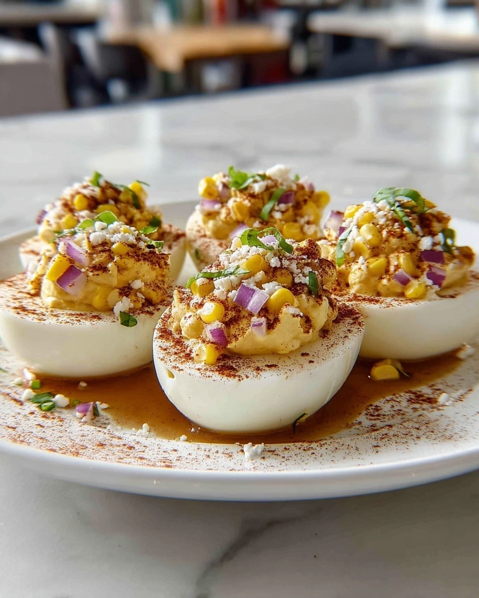 The image shows six deviled eggs arranged on a white plate resting on a white marbled surface. Each egg has three main layers: the base is the smooth white egg white, the middle is a fluffy yellow yolk mixture with some corn kernels visible, and the top is decorated with small purple diced onions, green herbs, and white crumbles of cheese. An orange creamy sauce is drizzled over the eggs and on the plate, while a sprinkling of a reddish spice adds more color and texture. The eggs are close up with soft lighting, highlighting the mixture’s creamy and chunky texture, and a blurred warm background. photo taken with an iphone --ar 4:5 --v 7