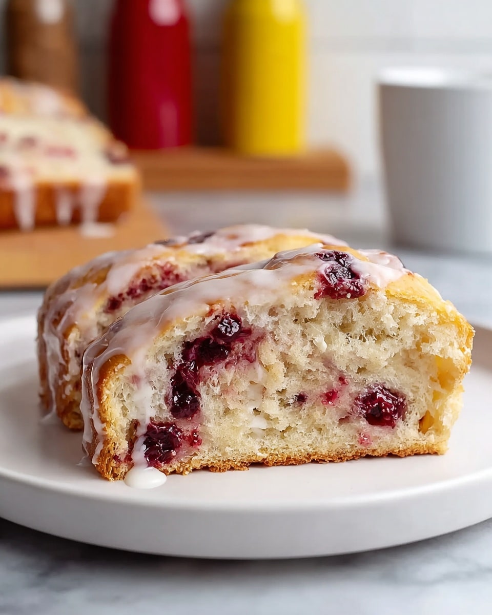 A thick slice of soft, light beige bread filled with dark red cherry pieces is shown on a white plate. The bread has a slightly crusty, golden-brown outer layer. A drizzle of white icing glaze covers the top, shining slightly and thinly spread over the surface with some dripping down the side. The bread’s inside is airy and spongy, with holes and juicy bits of cherry embedded in it. The background shows a white marbled texture with blurred yellow and red spice containers. photo taken with an iphone --ar 4:5 --v 7