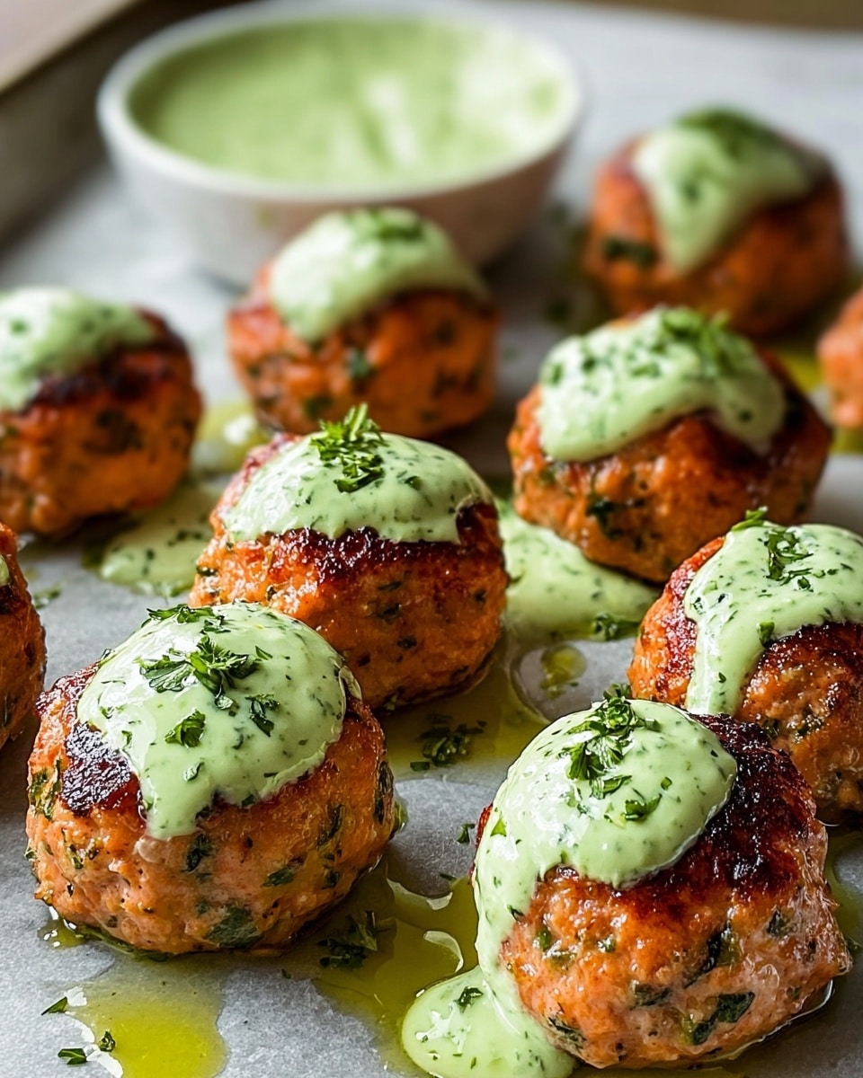 The image shows several grilled salmon meatballs arranged on a baking sheet with a white marbled texture underneath. Each meatball is round and browned with a slightly crispy surface, speckled with green herbs. A thick, light green creamy sauce is drizzled on top of each meatball, garnished with finely chopped parsley. In the background, there is a small white bowl filled with more of the same green sauce. The meatballs rest in pools of olive oil, enhancing their shiny and juicy appearance. Photo taken with an iphone --ar 4:5 --v 7