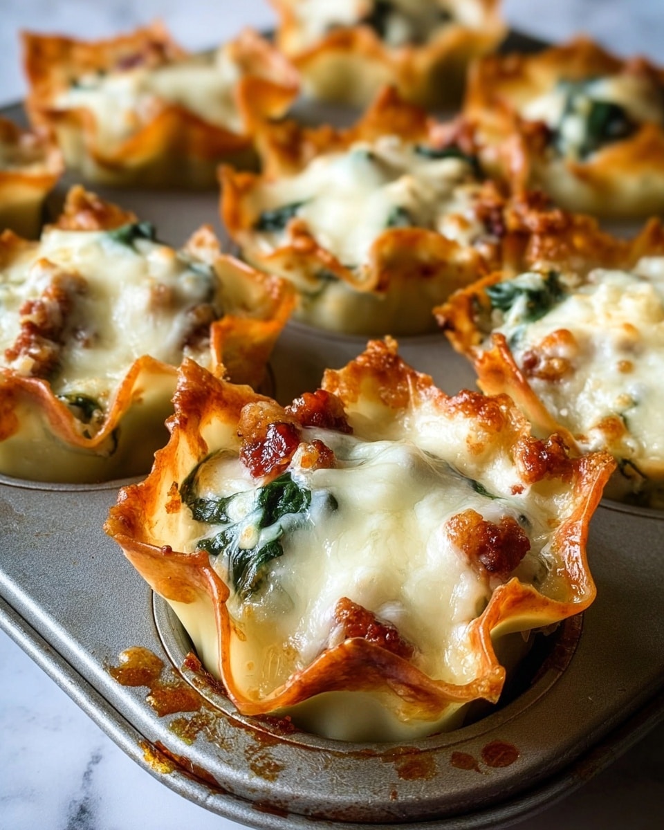 The image shows a tray of baked mini lasagna cups with four visible layers: the crispy, golden-brown edges of the pasta forming cup shapes, a layer of melted white cheese on top with light brown spots where it has browned, bits of green spinach leaves peeking from under the cheese, and small chunks of reddish-brown cooked meat beneath the spinach. The pasta cups hold the filling tightly, each with slightly curved, crisp corners. The tray is metal with some browned spots from baking, and the background is a white marbled texture. photo taken with an iphone --ar 4:5 --v 7