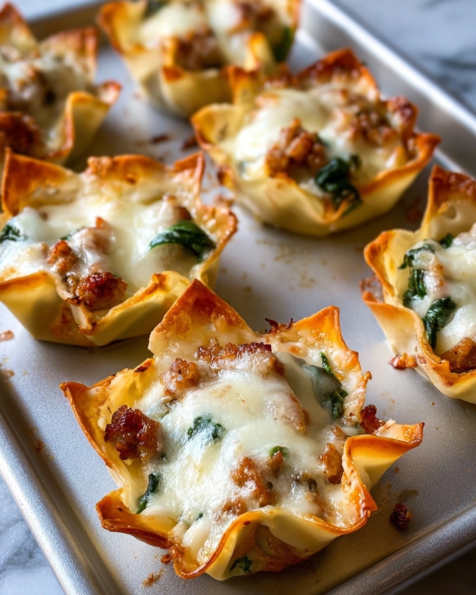 The image shows several baked mini lasagna cups on a metal baking tray. Each cup has a golden, crispy outer layer made from a thin pasta sheet shaped like a small open square bowl. Inside, there are layers of melted white cheese that looks gooey and slightly browned around the edges, with visible pieces of green spinach and browned bits of sausage evenly spread underneath the cheese. The pasta edges are puffed and browned, adding texture contrast. The cups are arranged closely on the tray, and the tray is placed on a white marbled surface. photo taken with an iphone --ar 4:5 --v 7