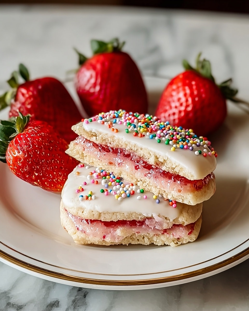 A white plate with a thin gold rim holds two halves of a layered cookie stacked, showing three layers: a crumbly light beige base, a thick pinkish-red jelly middle, and a white icing top decorated with small round colorful sprinkles. Around the cookie halves, there are four fresh, bright red strawberries with green leaves. The plate is placed on a white marbled textured surface. photo taken with an iphone --ar 4:5 --v 7