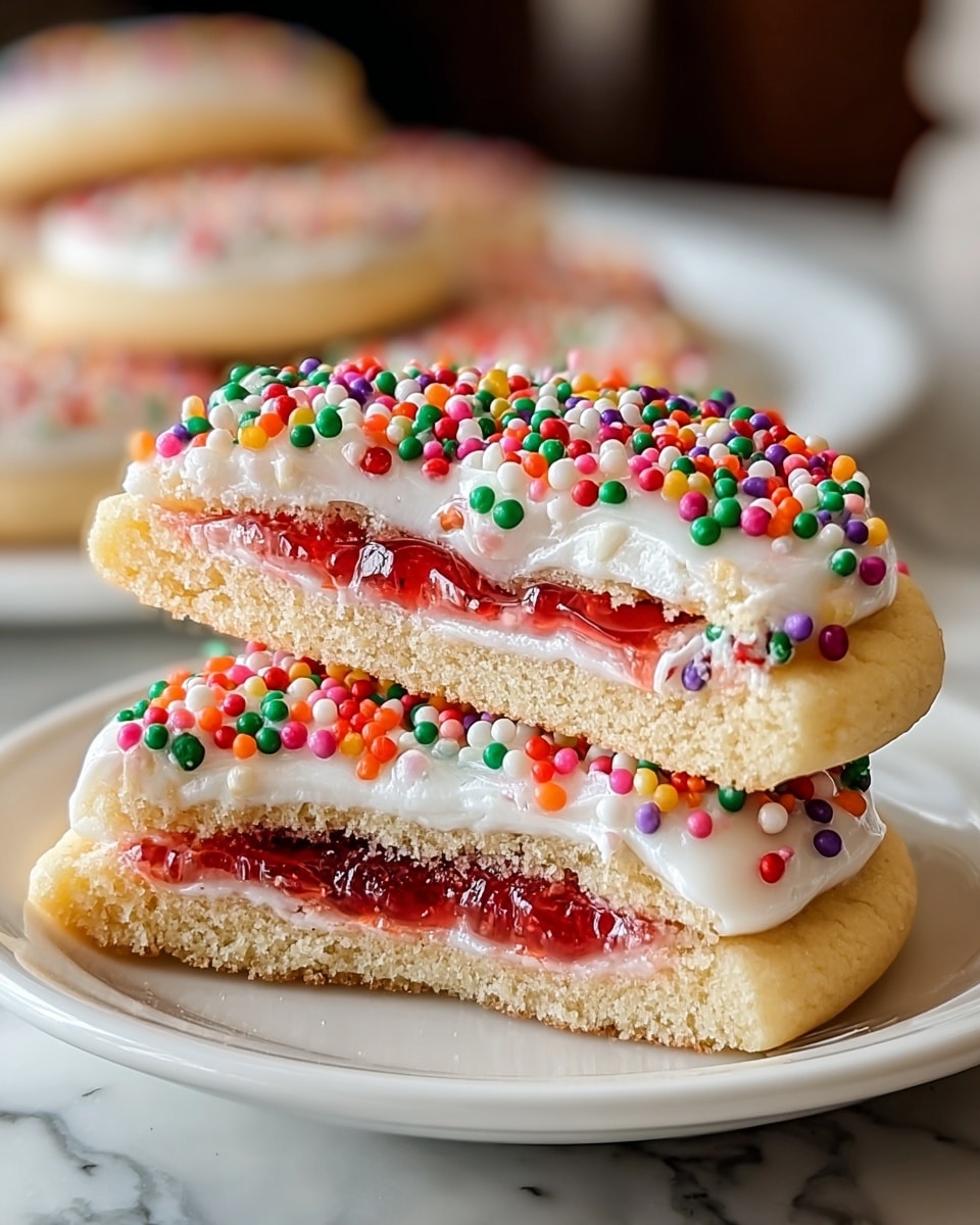 The image shows two cut cookies stacked on a white plate, placed on a white marbled surface. Each cookie has three visible layers: a golden-brown, soft-looking base; a shiny, red jelly filling in the middle; and a white frosting layer on top. The frosting is covered with many small, round, colorful sprinkles in red, green, orange, yellow, and purple. The top cookie is broken in half, showing the smooth texture of the layers inside clearly, while the bottom cookie is whole and slightly blurred in the background. Photo taken with an iphone --ar 4:5 --v 7