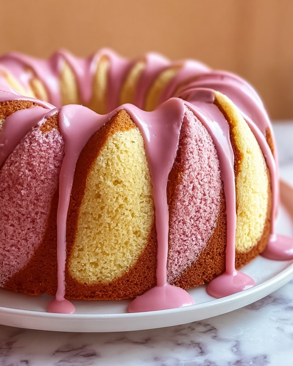 A bundt cake with three visible layers arranged in vertical stripes around its circular shape: a light yellow sponge, a pink sponge in the middle, and a brown base layer. The cake is topped with thick pink glaze dripping down the sides softly and unevenly, pooling slightly at the base of the cake. The cake sits on a white plate on a white marbled surface with a warm, blurred background in soft tones. Photo taken with an iphone --ar 4:5 --v 7