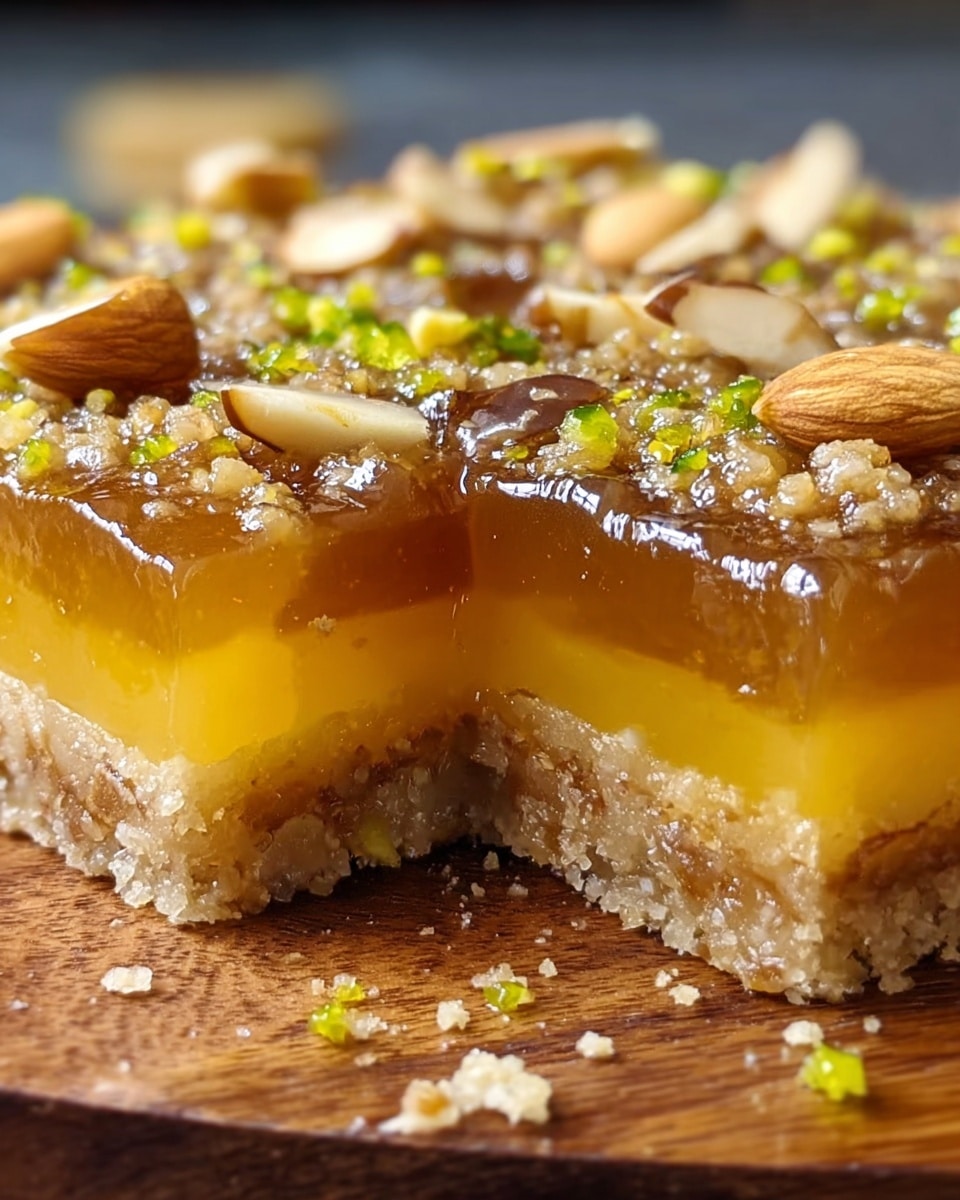 A close-up image of a dessert showing two thick layers; the bottom layer is crumbly and light beige, forming a firm crust. Above it is a thick, translucent golden-yellow jelly layer with a smooth shiny surface. The top is garnished with scattered whole and chopped almonds and small shiny bright green bits, creating a textured and colorful finish. The dessert is cut into a slice, revealing the clear layers and crumbly texture inside, placed on a wooden board with some crumbs and pieces around. Photo taken with an iphone --ar 4:5 --v 7