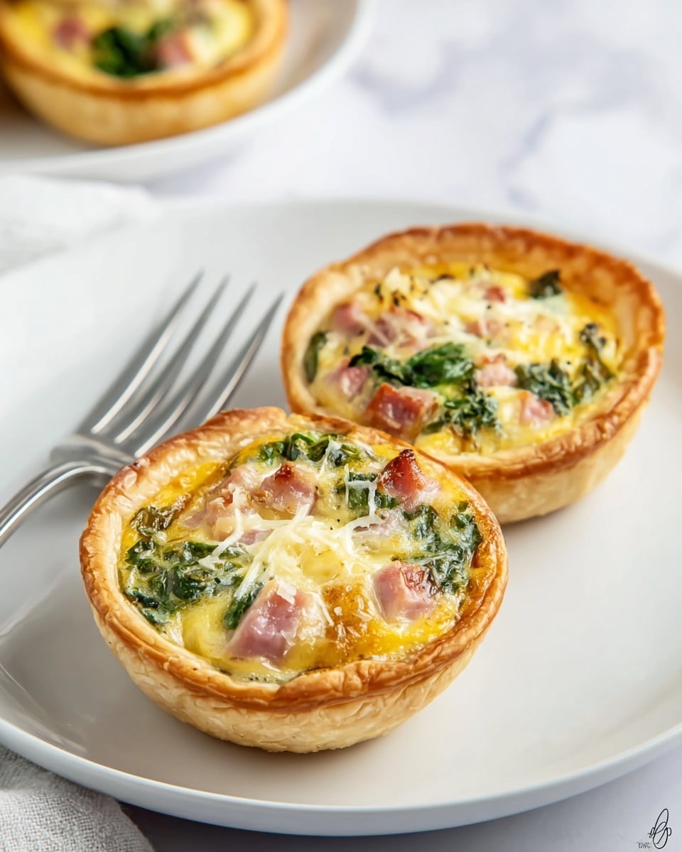 Two mini quiches sit side by side on a white plate with a silver fork resting next to them. Each quiche has a golden-brown, flaky crust forming a shallow cup that holds the filling. The filling is creamy yellow with visible chunks of pink ham, green spinach, and melted white cheese mixed evenly throughout. The top surface of the quiches is slightly shiny and smooth, with hints of browned spots from baking. The white plate is placed on a white marbled surface, with a blurred second plate holding more quiches visible in the background. photo taken with an iphone --ar 4:5 --v 7