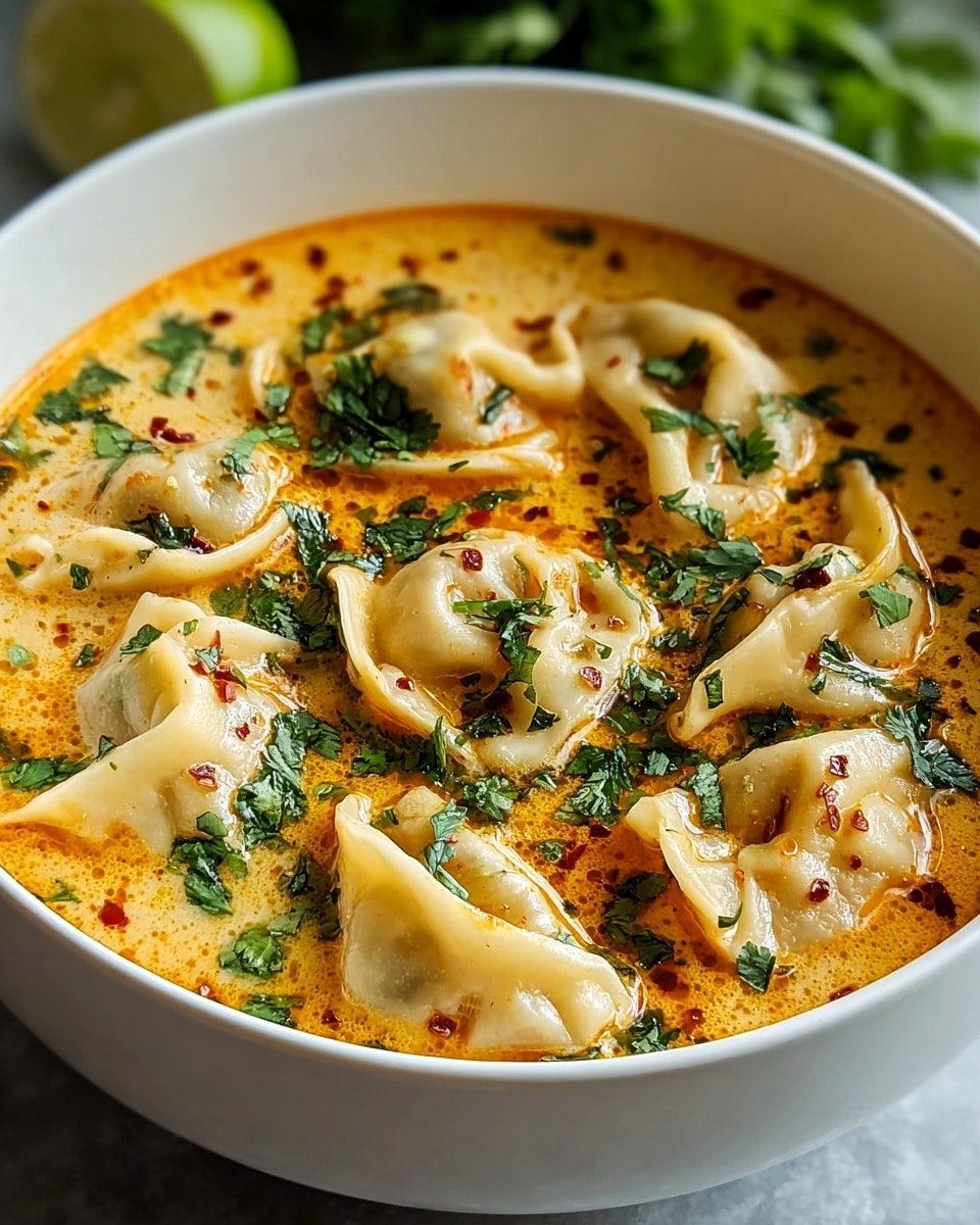 A white bowl filled with a warm orange creamy soup base showing small red chili flakes scattered throughout. Floating on the soup are soft, pale beige dumplings with folded edges, each topped with fresh bright green chopped herbs, likely cilantro. The bowl sits on a white marbled textured surface, with part of a lime and some green leaves blurred in the background. The soup looks rich and slightly oily, highlighting the dumplings gently resting in the liquid. photo taken with an iphone --ar 4:5 --v 7