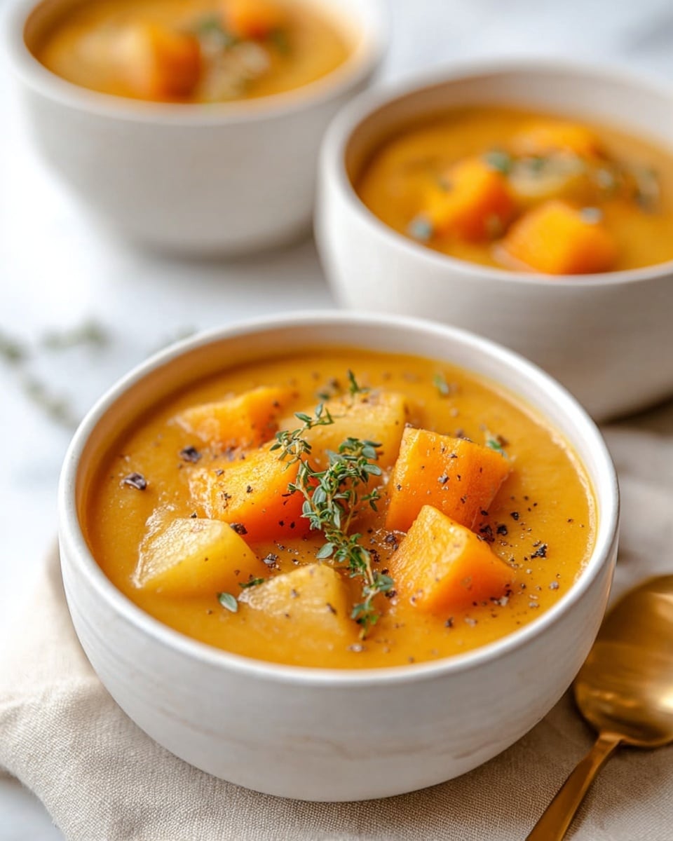 A white ceramic cup filled with thick, creamy pumpkin soup sits on a light beige cloth on a white marbled surface. The soup is a warm orange color with chunky cubes of bright orange pumpkin and pale, tender pieces of potato floating on top. A small sprig of fresh green thyme rests in the middle, sprinkled with black pepper and small green herbs. In the background, two more white ceramic cups hold the same soup, slightly blurred. A shiny gold spoon lies next to the cup in the foreground. photo taken with an iphone --ar 4:5 --v 7