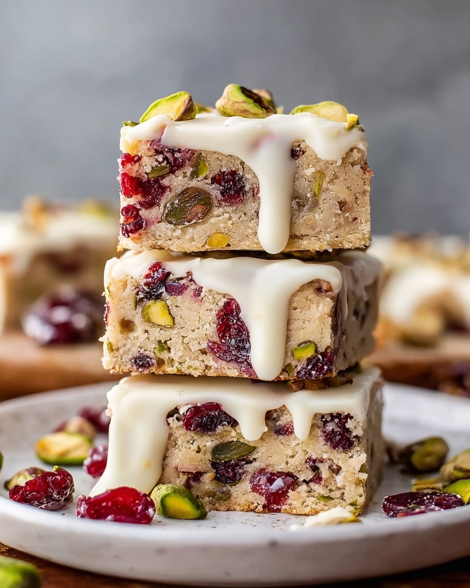 Three pieces of blondie bars stacked on a white plate with a white marbled texture background. Each bar has a light tan base showing a soft texture speckled with red dried cranberries and green pistachio nuts inside. The top of each bar is covered with a thick layer of white icing that drips slightly over the edges. Around the plate, loose pistachio nuts and dried cranberries are scattered. The photo taken with an iphone --ar 4:5 --v 7