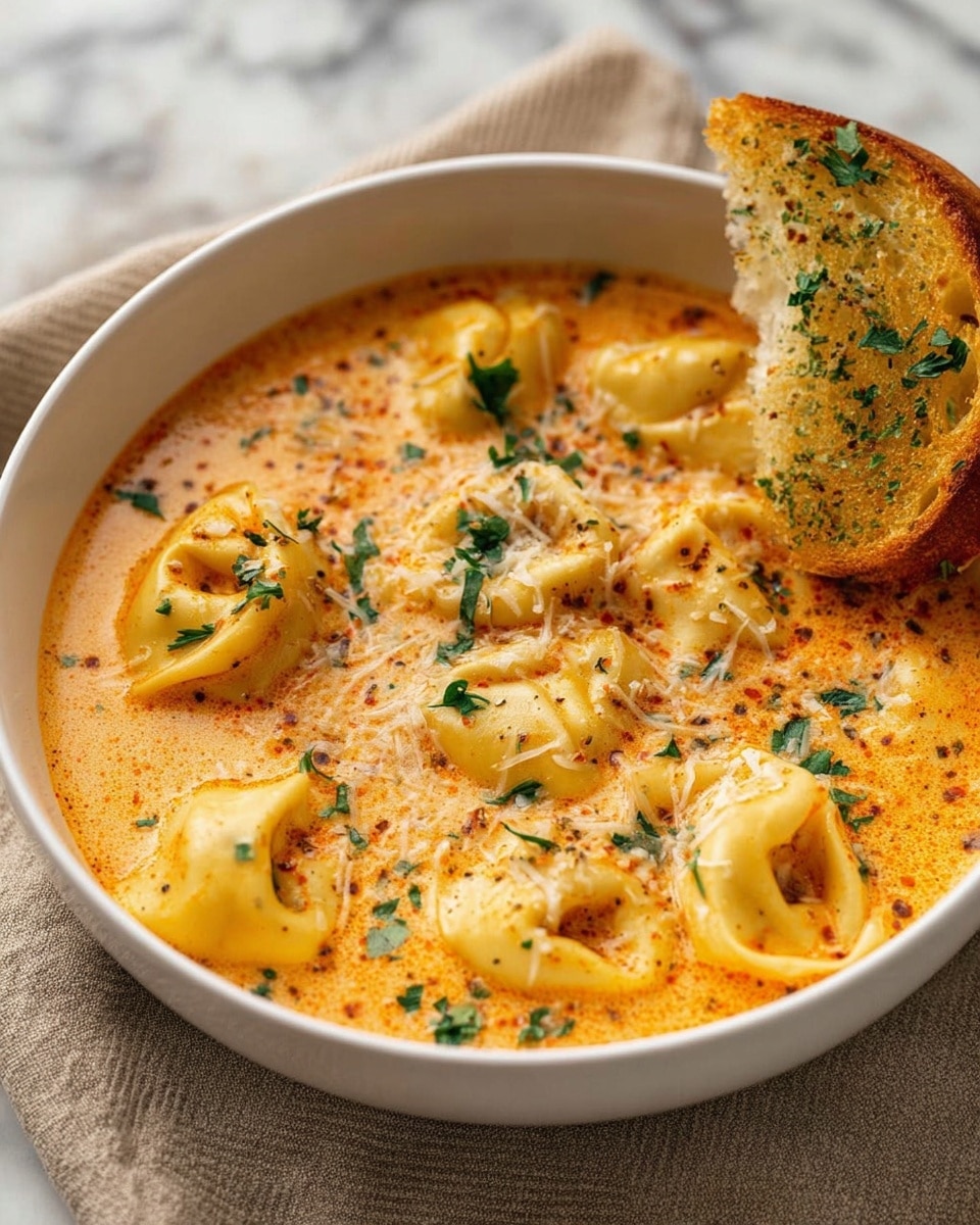 A white bowl filled with creamy orange soup that has a smooth texture with specks of herbs and spices throughout. In the soup, there are several tortellini pieces, pale yellow in color with a soft and plump look, floating near the center and edges. On top, the soup is sprinkled with finely grated white cheese and small green parsley leaves, adding detail and color contrast. A golden toasted bread slice with visible seasoning and green herbs is placed dipping slightly into the soup on the right side of the bowl. The bowl rests on a light brown textured cloth on a white marbled surface. photo taken with an iphone --ar 4:5 --v 7