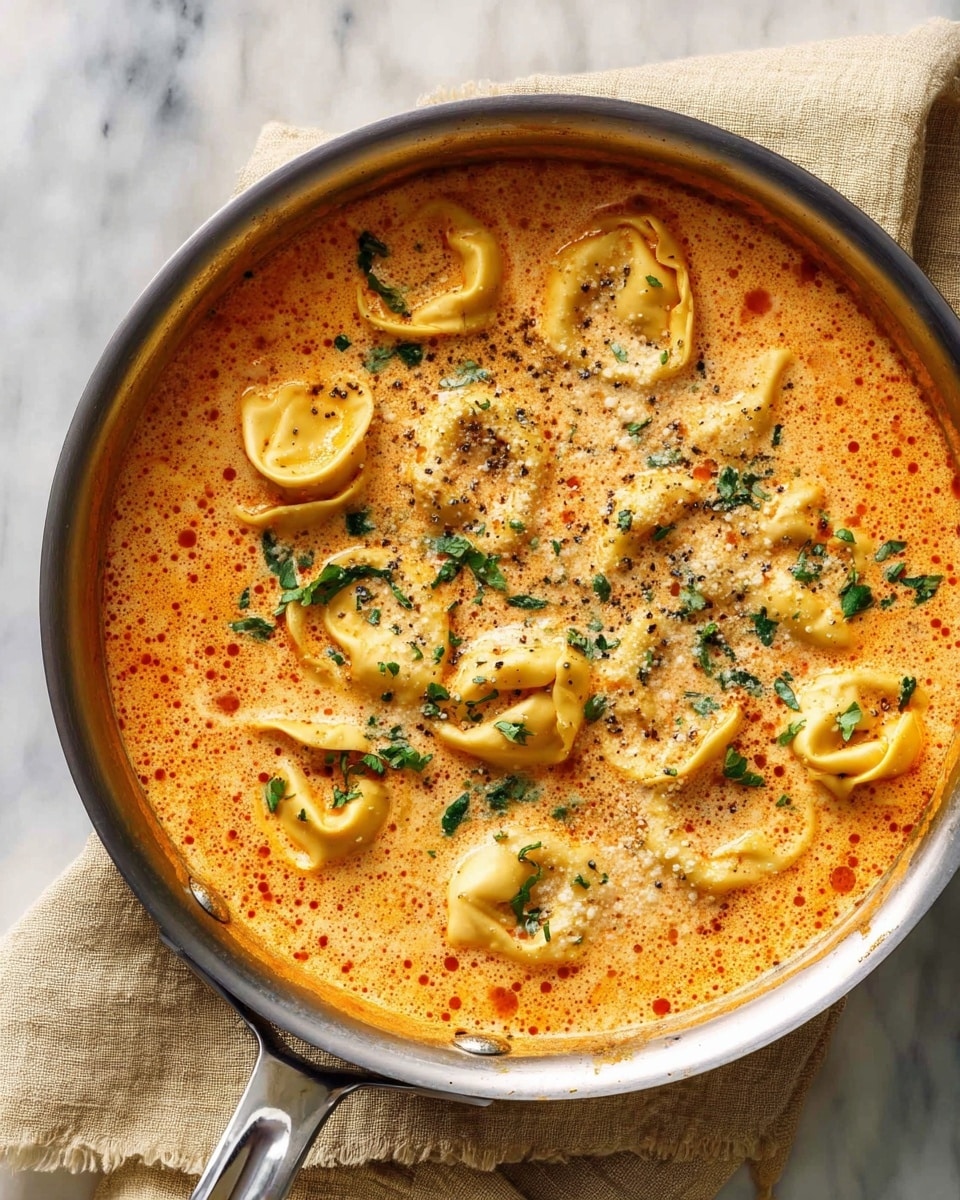 A silver pan filled with creamy orange-colored soup has about twelve tortellini pasta pieces floating on the surface. The soup has a smooth texture with small reddish spots and is topped with finely chopped green herbs and a sprinkling of ground black pepper and grated cheese. The tortellini are light yellow with a soft, folded shape that contrasts with the creamy, rich soup. The pan sits on a beige cloth over a white marbled surface. photo taken with an iphone --ar 4:5 --v 7